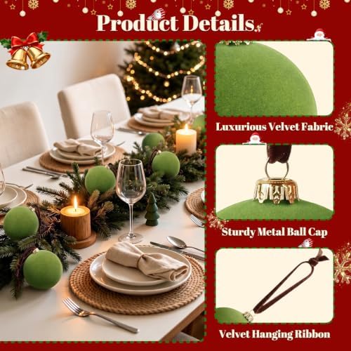TOWPONICS 15 Pcs Green Velvet Christmas Ornaments Balls, 3.15 Inch Big Velvet Ornaments for Christmas Tree, Decorative Hanging Ornaments for Xmas Tree, Family Holiday Wedding Xmas Decoration