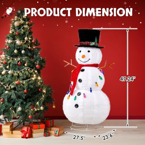 VINGLI 4FT Pop up Snowman Christmas Decorations, Outdoor Snowman Lighted with Tall Hat, Cute Branch Hands for Xmas, Snowman Ornaments with Pre-lit Lights Decor for Indoor Yard Lawn Porch, Plug in