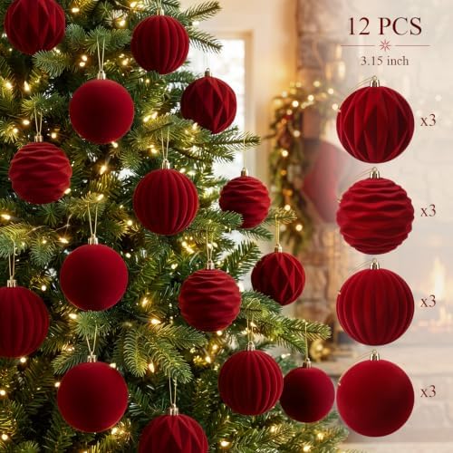 Liliful 3.15 Inch 12 Pcs Velvet Christmas Ornaments Balls, Wine Red