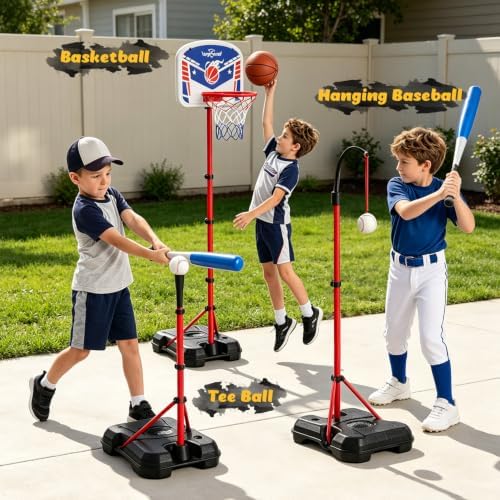 EagleStone 3 in 1 Kids Basketball Hoop and T Ball Set for Kids 3-12