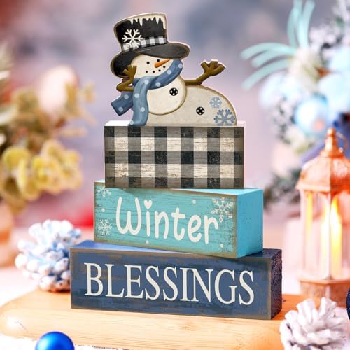 Moucuny 4 Pcs Winter Snowman Wooden Signs Farmhouse Tiered Tray Decor