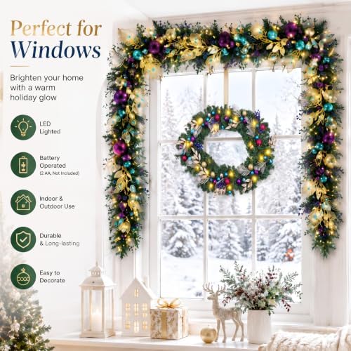 Riceshoot 6ft Peacock Christmas Garland LED Lights Purple Blue Gold Mantle