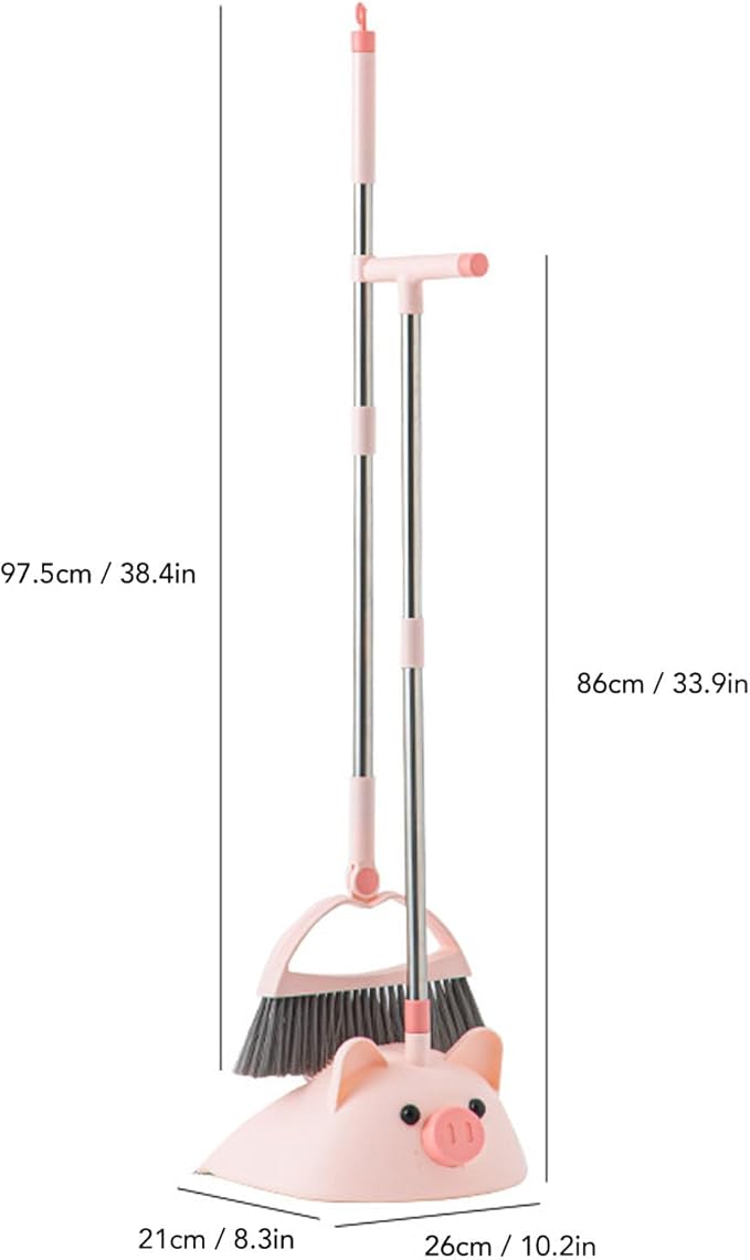 Cute Pig Broom and Dustpan Set, Self-Cleaning with Dustpan Teeth, Indoor&Outdoor Sweeping, Ideal for Dog Cat Pets Home Use, Stand Up Broom and Dustpan