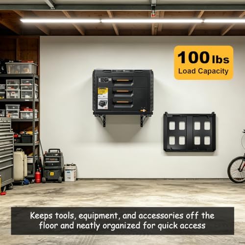 Wall Mounted Folding Shelf Storage Compatible with ToughBuilt StackTech System, Carbon Steel Heavy-Duty Garage Organizer Shelf Rack for Workshop Tool Storage