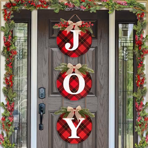 Rustic Christmas Door Decorations, Wooden Joy Sign for Front Door Decor