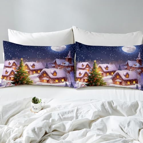 Castle Fairy Christmas Trees Bed Sheet Set Kids Santa Claus and Snowman Sheets Set 4pc Starry Sky Microfiber Soft Bedding Set,1 Flat Sheet,1 Deep Pocket Fitted Sheet,2 Pillow Cases（King Size）