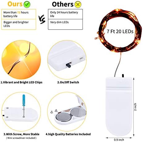Brightown Halloween Orange Fairy String Lights: 12 Pack 7 Ft 20 LED Battery Operated Firefly Lights on Black Wire Starry Moon Lights for DIY Party Bedroom Patio