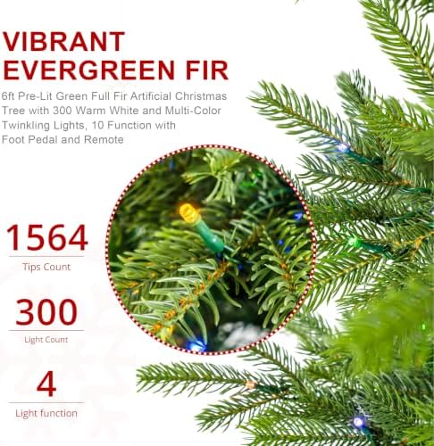 Glitzhome 6ft Prelit Christmas Tree, Small Christmas Tree Vibrant Evergreen Fir with 300 Warm White/Multi-Color Twinkling Lights, 1564 PE&PVC Branch Tips, 10 Function w/Foot Pedal and Remote