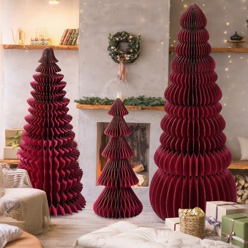 3 Pcs Large Honeycomb Christmas Tree,Classic,Burgundy