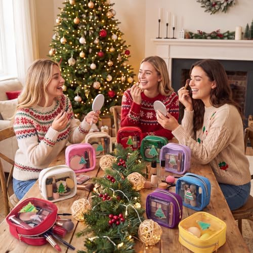 Abbylike 12 Pcs Christmas Preppy Patch Makeup Bags Bulk Polyester Holiday Makeup Bag Skincare Pouch Xmas Zipper Cosmetic Pouch Preppy Thing for Travel Christmas Women Gift (Classic, Colorful)