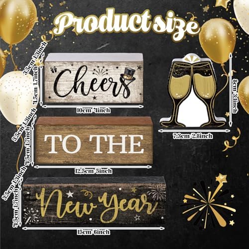 Moucuny 4 Pcs New Year Wooden Block Signs Farmhouse Table Centerpiece