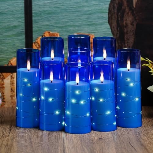 kakoya Flameless LED Candles with Timer 9 Pc Flickering Flameless Candles for Romantic Ambiance and Home Decoration Stable Acrylic Shell,with Embedded Star String，Battery Operated Candles（Blue）