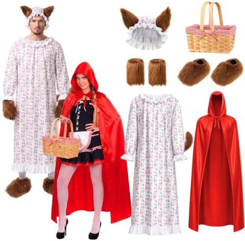 Hercicy 6 Pcs Red Riding Hood Costume Set, Velvet Cape Wolf Grandma Party