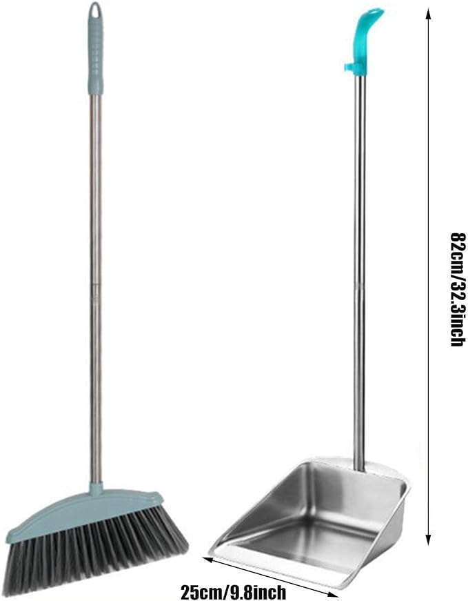 Broom and Dustpan Set with Long Handle for Home, Heavy Duty Stainless Steel Dustpan with Broom, Upright Standing Dust Pan for Sweeping Kitchen and Home Kitchen Office Lobby Flool,A