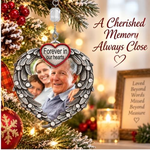 Memorial Photo Ornament for Loved One – Silver Heart Angel Wings Picture Frame Ornament, in Loving Memory Sympathy Gift for Loss of Mom, Dad, Family Member, Bereavement Christmas Keepsake