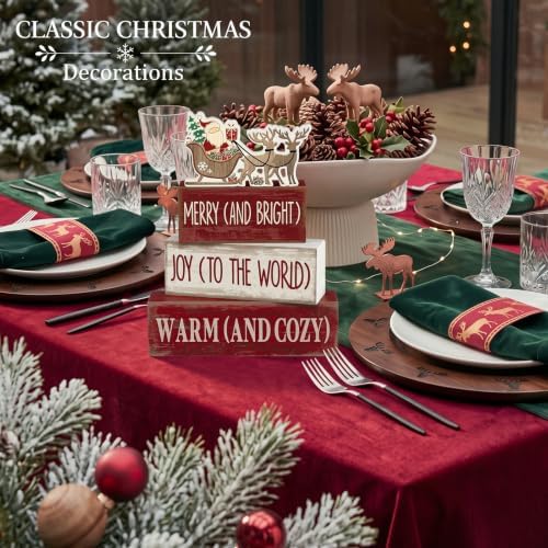 Moucuny 4 Pcs Christmas Table Decoration for Home Wooden Santa Sleigh Signs