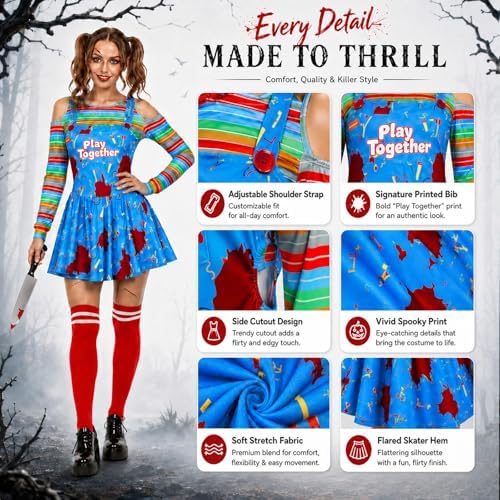 5Pcs Creepy Doll Costume Women Scary Killer Dress Halloween Props
