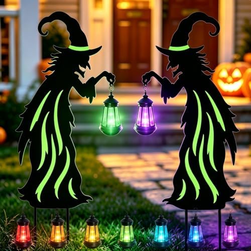 Halloween Decorations Outdoor Metal Witch Garden Stakes with Solar Lights
