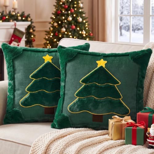 Softalker Green Christmas Pillow Covers 18x18 Set of 2, Winter Home Decor
