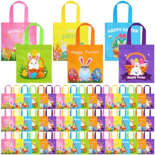 Sweetude 120 Pcs Easter Tote Bags Bulk with Handles Bunny Reusable Party Non Woven Treats Goodie Bags for Easter Party Supplies(Rabbit)