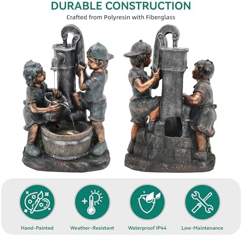 26" Boy and Girl Outdoor Fountain LED 3-Tier Cascading Waterfall
