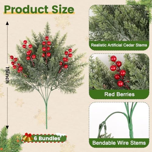 6 Bundles Artificial Christmas Flowers, Norfolk Pine & Red Berry Stems