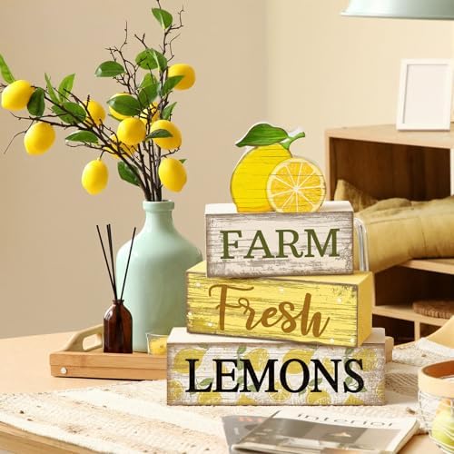 Moucuny 4 Pcs Summer Lemon Decor Summer Wooden Table Decorations