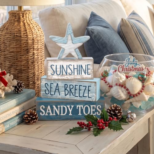Lineshading 4 Pcs Coastal Christmas Table Decor, Wooden Starfish Beach Sign