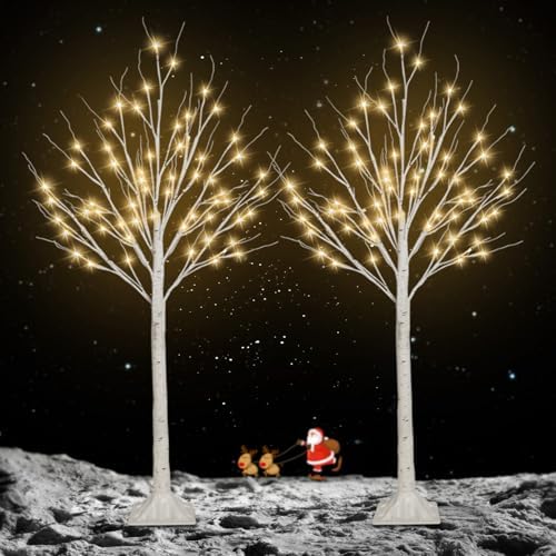 2 Pack 4FT Lighted Birch Tree, 100LED Twinkling Tree Lights, Warm White