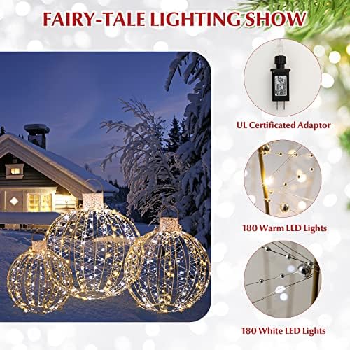 Tangkula 3 Pack Christmas LED Lighted Balls, Metal Twinkling Ornaments