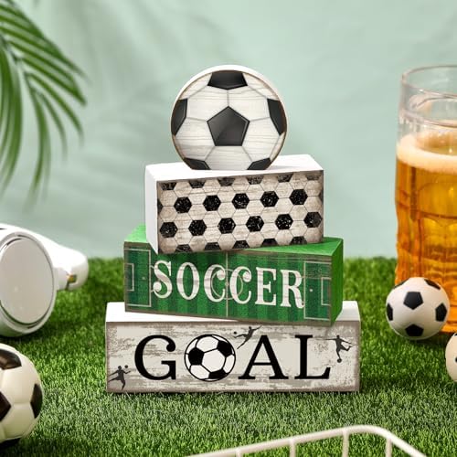 Moucuny 4 Pcs Soccer Table Decorations Farmhouse Soccer Wooden Block Signs