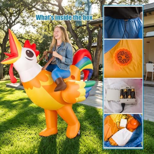 Blow Up Riding Rooster Costume for Adults, Inflatable Chicken Suit with Fan for Halloween Gag