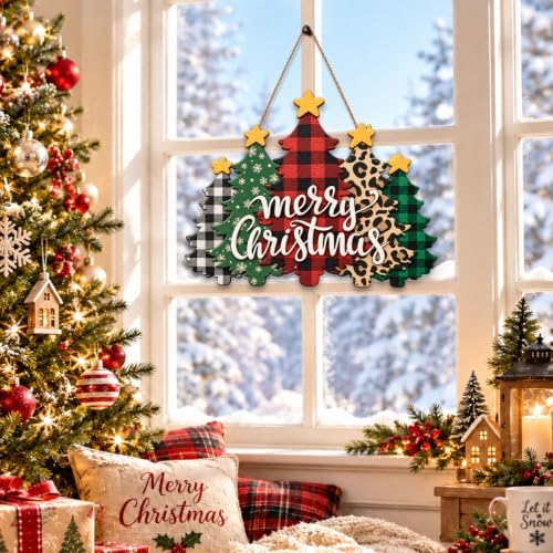 Christmas Decorations Plaid Leopard Christmas Tree Wooden Hanging Sign