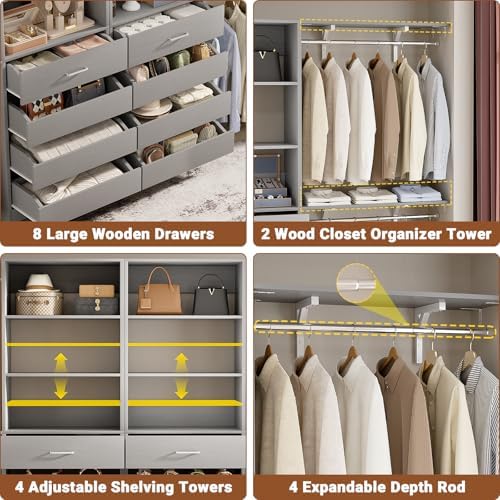 Aheaplus Closet System, Wood Closet Organizer System with 8 Drawers &4 Rods