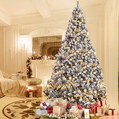 ReunionG 9FT Snow Christmas Tree, Artificial Flocked Hinged Pine Tree, Holiday Decoration Tree with Premium PVC Needles and Solid Metal Stand, Full Christmas Tree for Indoor Outdoor (9FT)