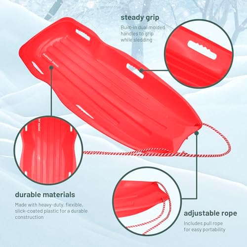 Slippery Racer Downhill Xtreme Flexible Adults and Kids Plastic Toboggan Snow Sled for up to 2 Riders with Pull Rope and Handles