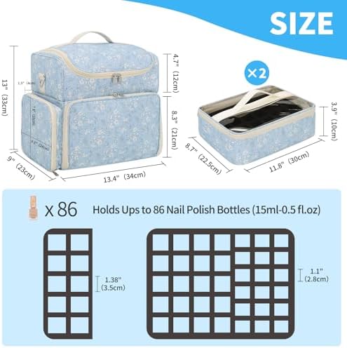 CUBETASTIC Extra Large Nail Polish Organizer Case Holds 86 to 100+ Bottles Nail Polish & Nail Lamp, Nail Supplies Storage Carrying Bag with 2 Removable Pouches, White Floral in Blue
