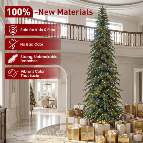 Glitzhome Prelit Artificial Christmas Tree, 15ft Slim Chicago Evergreen Spruce Tree with 1,500 Warm White & Multi-Color LED Lights, 5883 Branch Tips, 9 Lighting Modes w/Remote Control, Easy Setup