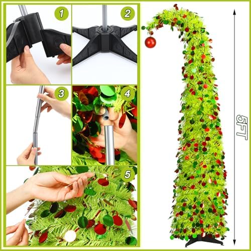 Aurelema 5 ft Whimsical Christmas Tree with 50 LED Lights Tinsel Green