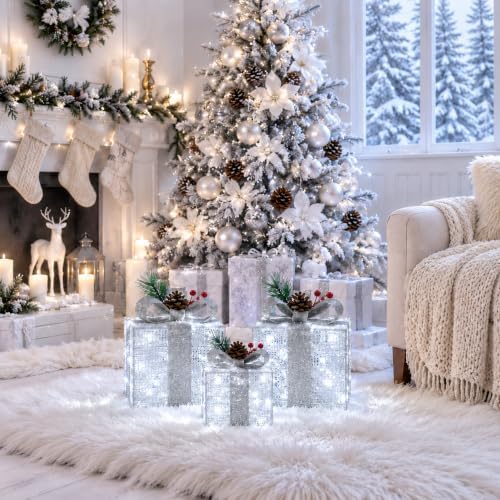 Set of 3 Silver Lighted Boxes, White Indoor Christmas Decor