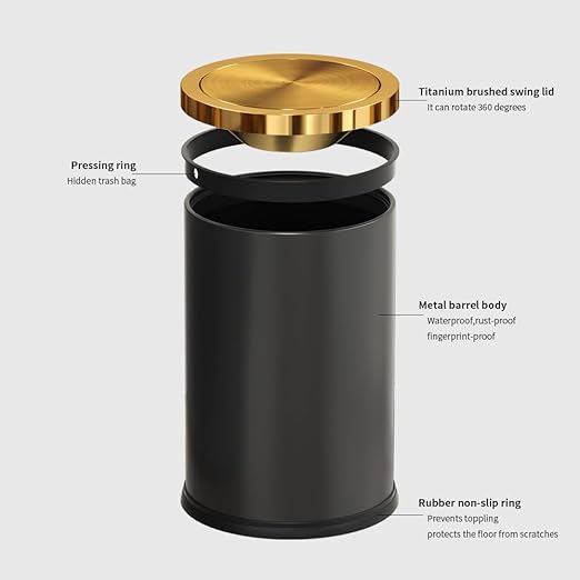 9L/2.4GAL Black and Gold Bathroom Trash Can, Small Trash Can with FILP Lid for Bathroom,Hotel,Office,Lundry,Powder Room (ＢＬＡＣＫ)