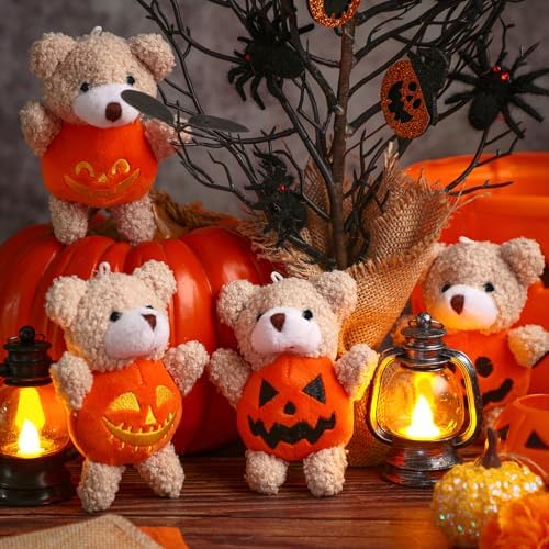 Hiboom 32 Pcs Mini Halloween Stuffed Animal, Bear in Pumpkin Style, 4.7"