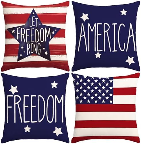 4th of July Pillow Covers 20x20 Inch,Set of 4 Patriotic Red White Blue Summer Outdoor Throw Pillow Covers,Independence Memorial Day USA Flag Linen Fourth of July Cushion Case for Sofa Couch Decor