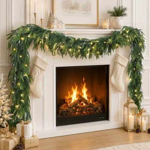 N&T NIETING 9FT Christmas Norfolk Pine Pre-Lit Garland with 70 LED Lights Real Touch Prelit Garland Christmas Greenery Garlands for Table Mantle Fireplace Stairs Indoor Outdoor Xmas Decorations