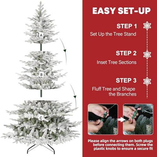 Hykolity 7.5 ft Snow Flocked Aspen Fir Christmas Tree, Prelit Artificial Christmas Tree with 450 Warm White Lights, 1173 PE & PVC Branch Tips, Metal Stand and Hinged Branches