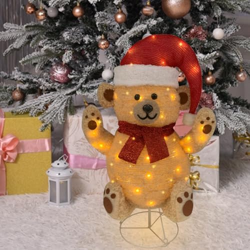 Lighted Christmas Bear Decorations, Pop-Up Bear Outdoor Yard Woodland Christmas Decor Prelit 70 Lights, Collapsible Lighted Bear Wears Santa Hat for Home Porch Yard Christmas Valentines Day-Brown