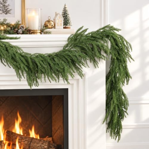 6FT Artificial Norfolk Pine Garland, Real Touch Greenery Garland for Mantel Fireplace Staircase Table Door Wall Window Indoor Outdoor Christmas Decorations