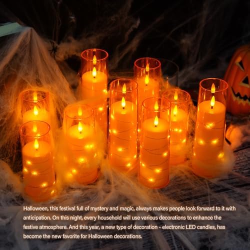 kakoya Flameless LED Candles with Timer 9 Pc Flickering Flameless Candles for Romantic Ambiance and Home Decoration Stable Acrylic Shell,with Embedded Star String，Battery Operated Candles（Orange）