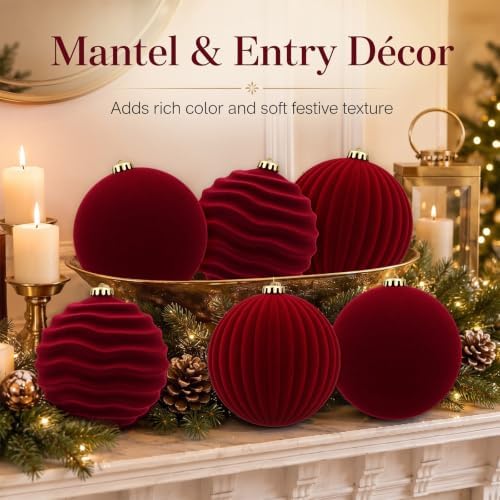 Hollowfly 6 pcs 6 in Burgundy Red Large Velvet Christmas Balls Ornaments