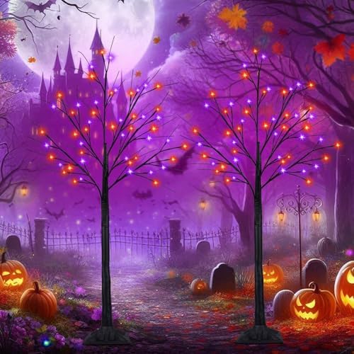 2 Pack 4FT Black Halloween Tree with 100 LED Orange and Purple Lights